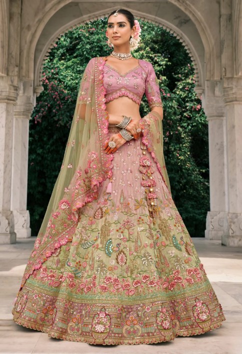 Pistachio Green Fancy Silk Lehenga Choli With Cut Work Embroidery Border & Stone Work